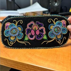 TNA Black Beaded Clutch with Blue and Purple Accents